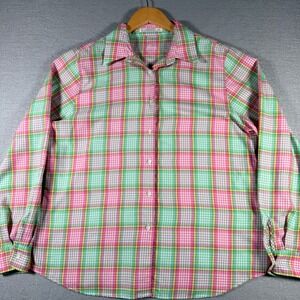 Foxcroft Womens Size 14 Pink Green Plaid Wrinkle Free Button Down Shirt‎ Blouse